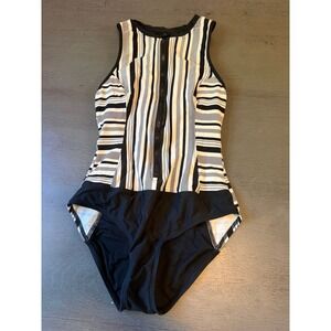 Next by Athena Womens Black White Striped Front Zip One Piece Swimsuit NE69661M